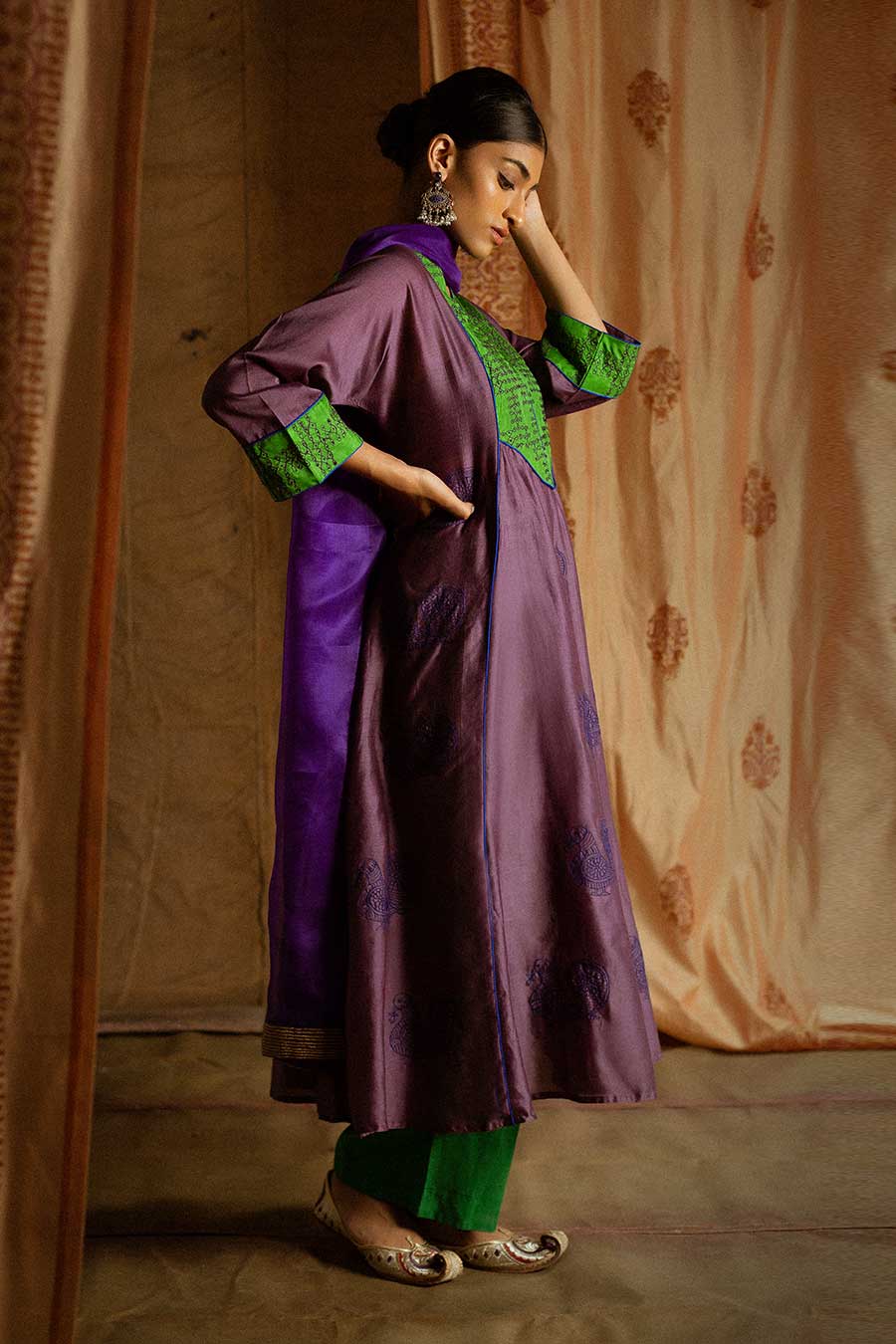Purple Chandei Embroidered Kurta Set