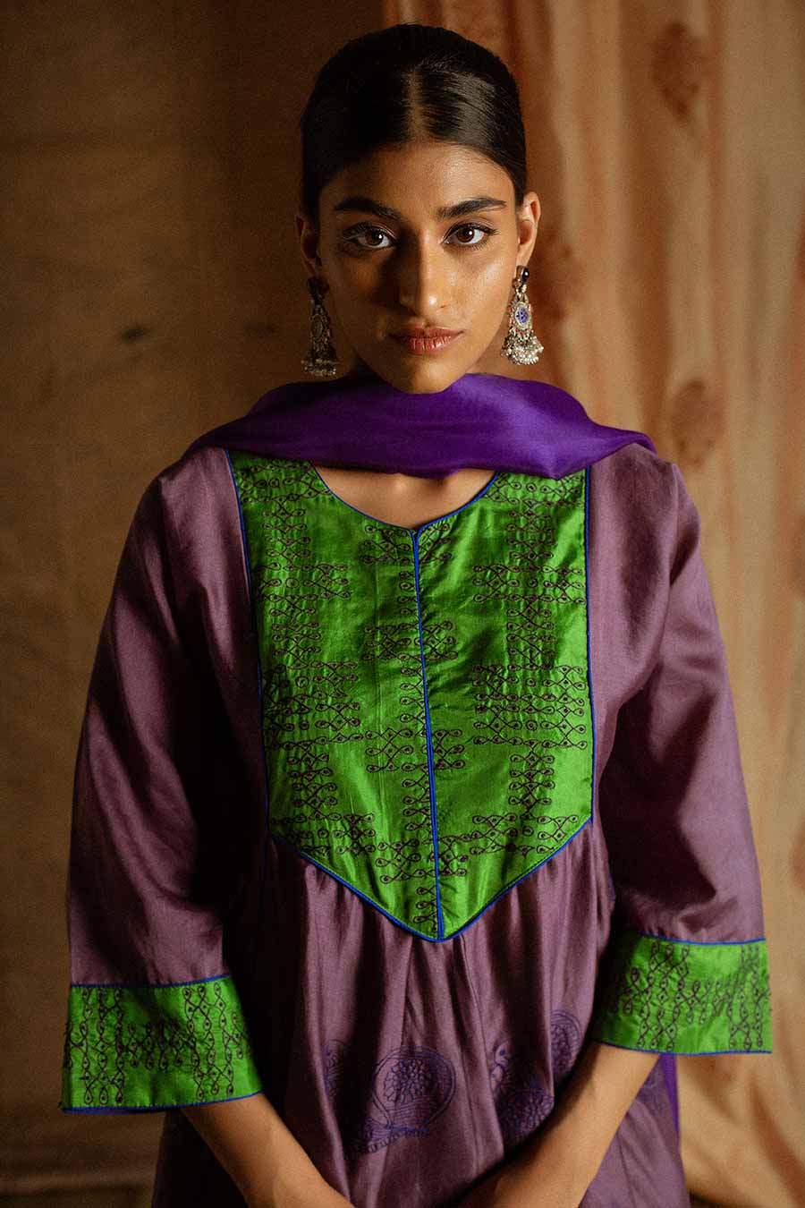 Purple Chandei Embroidered Kurta Set
