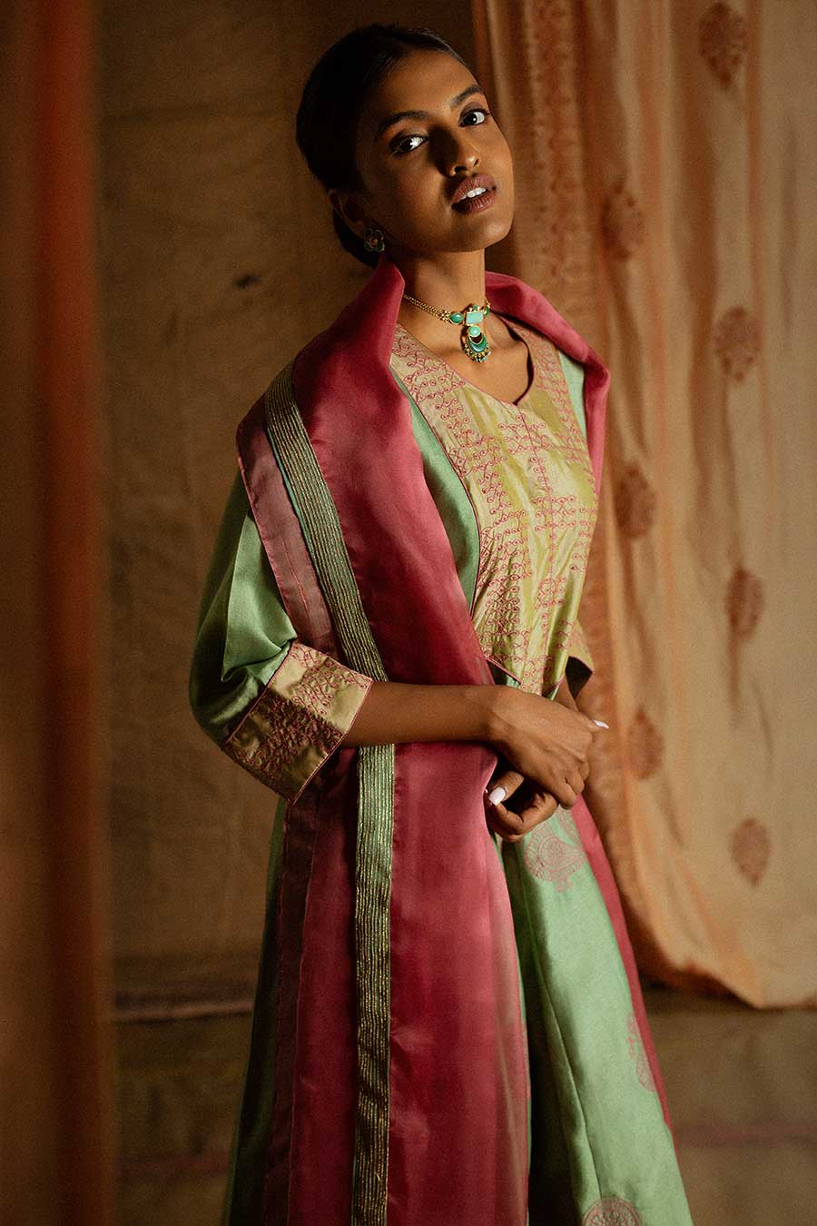 Green Chandei Embroidered Kurta Set