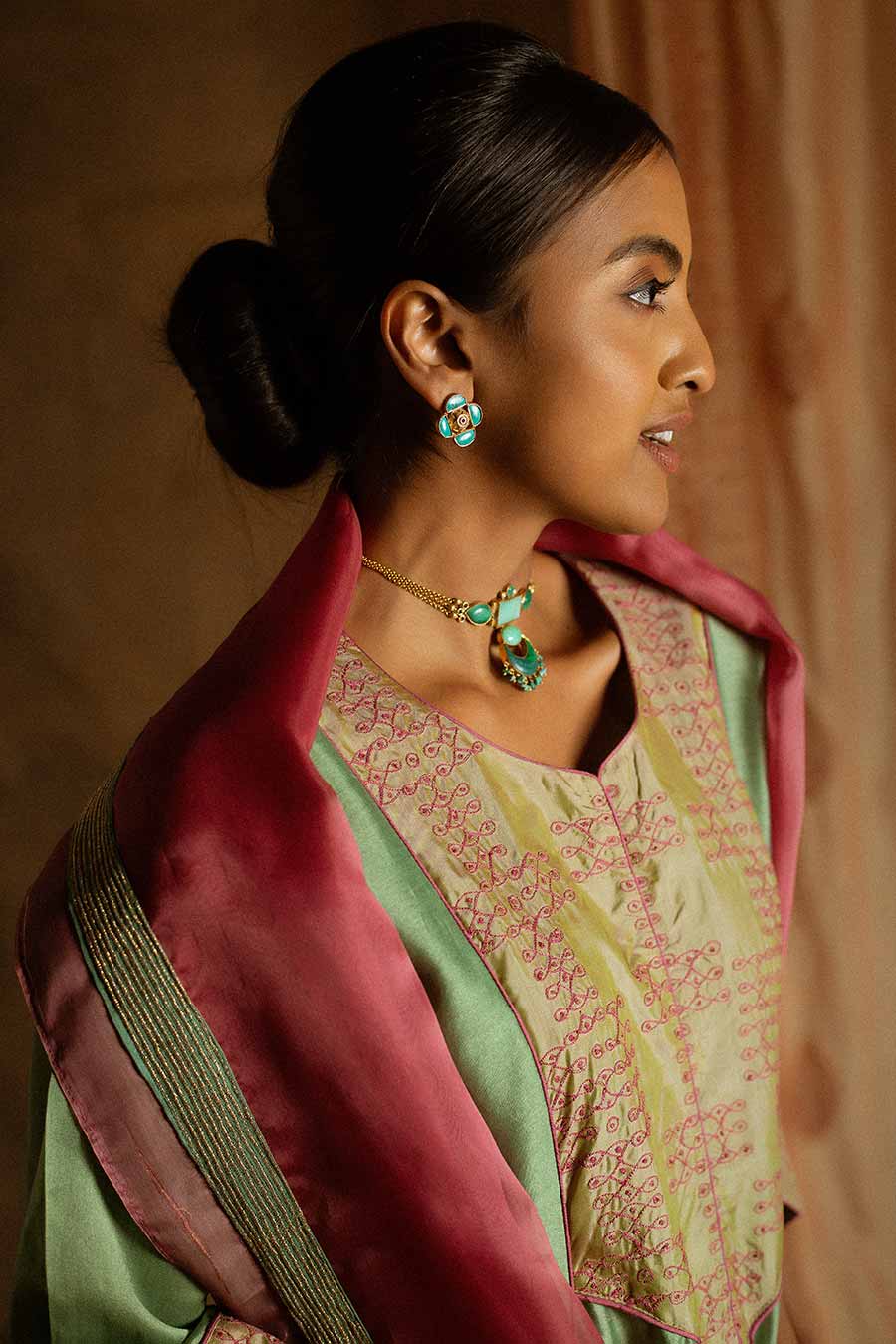 Green Chandei Embroidered Kurta Set