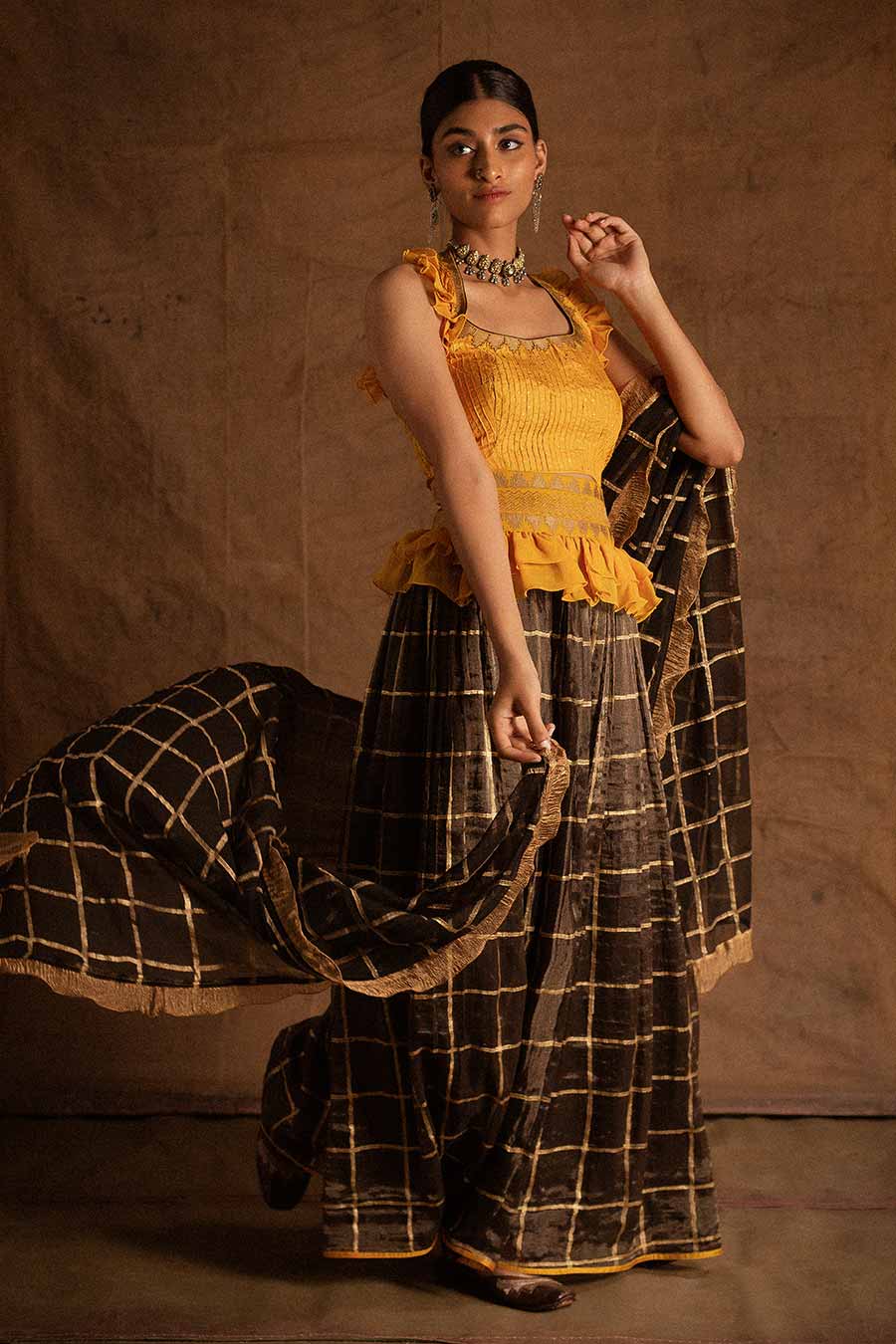 Yellow Black Kadi Print Lehenga Set