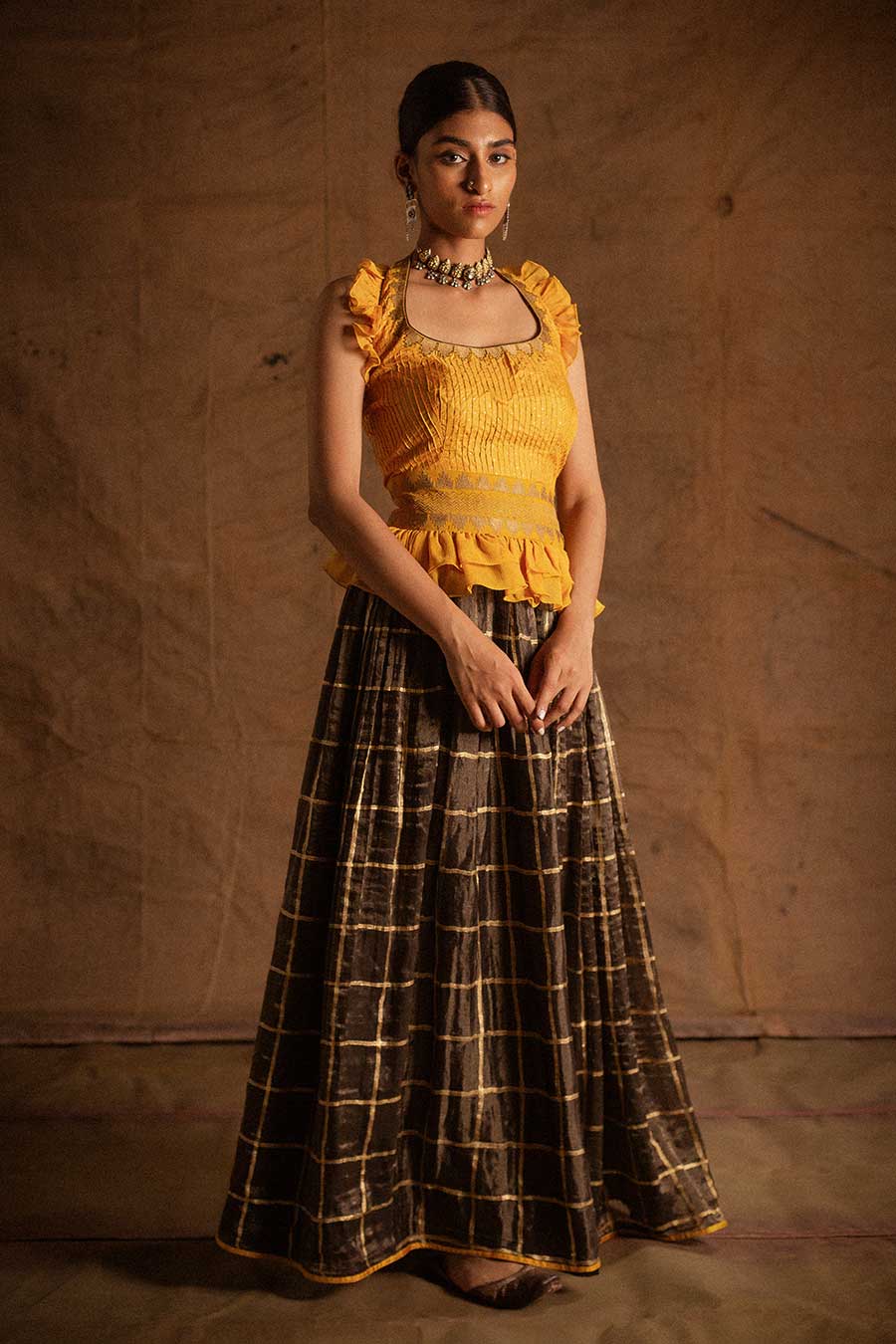Yellow Black Kadi Print Lehenga Set