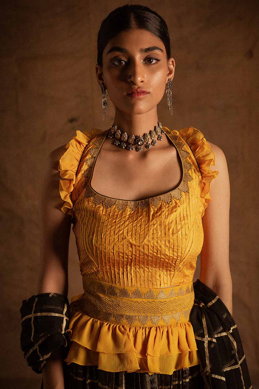 Yellow Black Kadi Print Lehenga Set