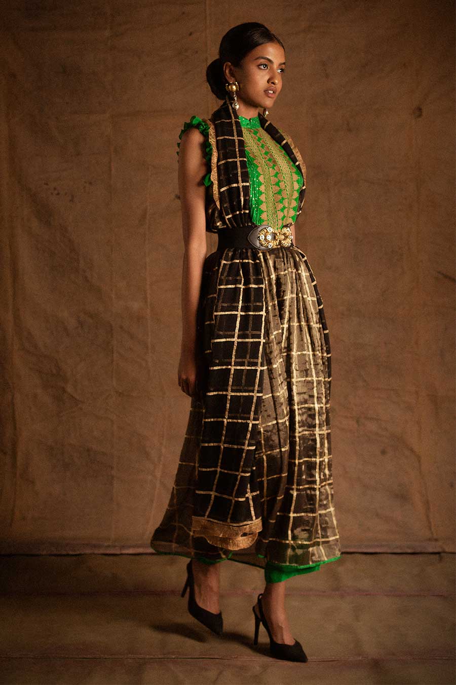 Green Black Kadi Print Lehanga Set