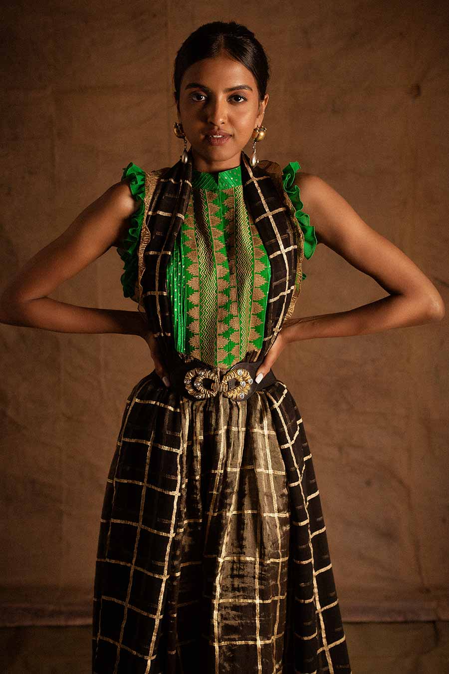 Green Black Kadi Print Lehanga Set