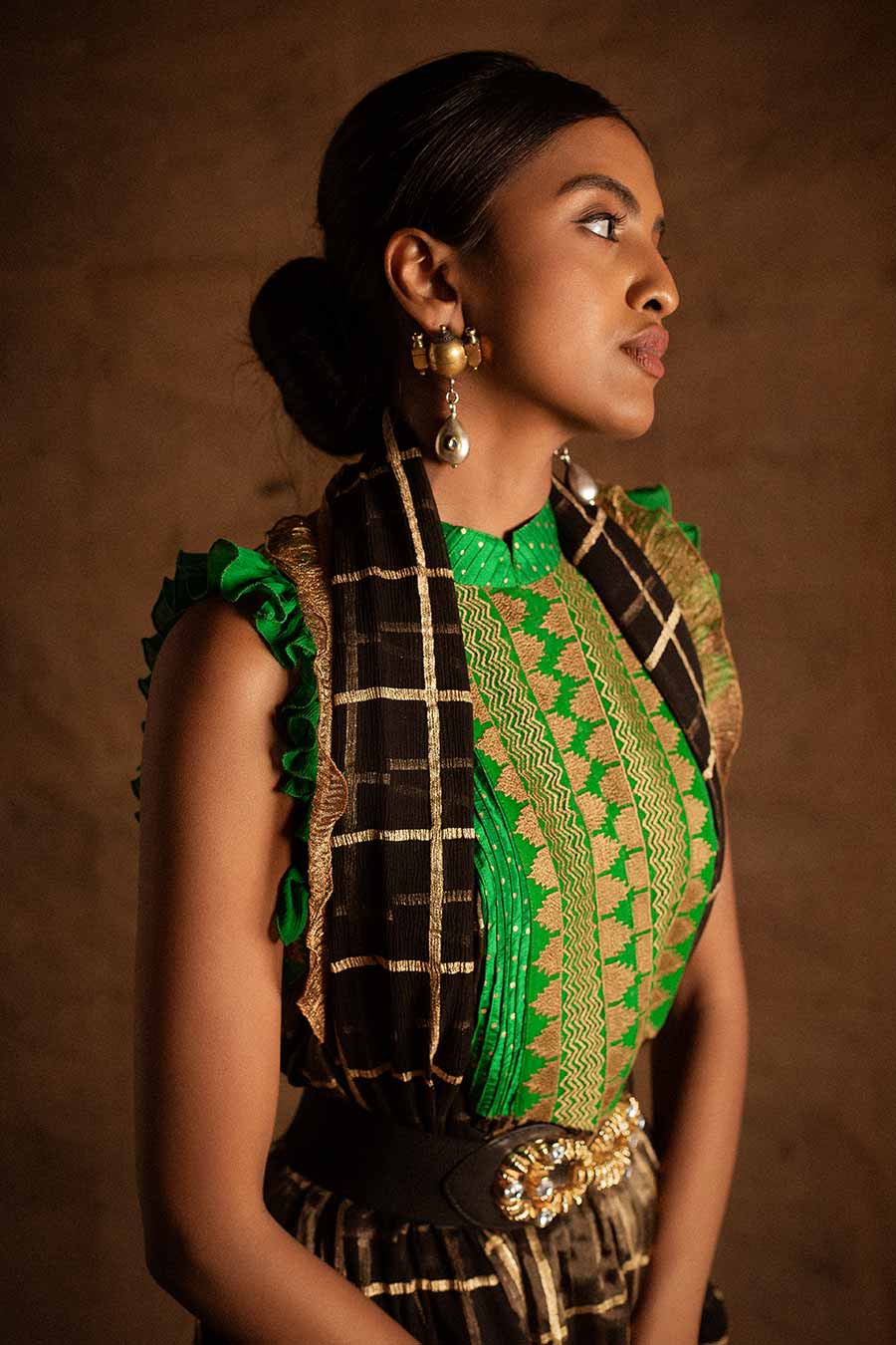 Green Black Kadi Print Lehanga Set