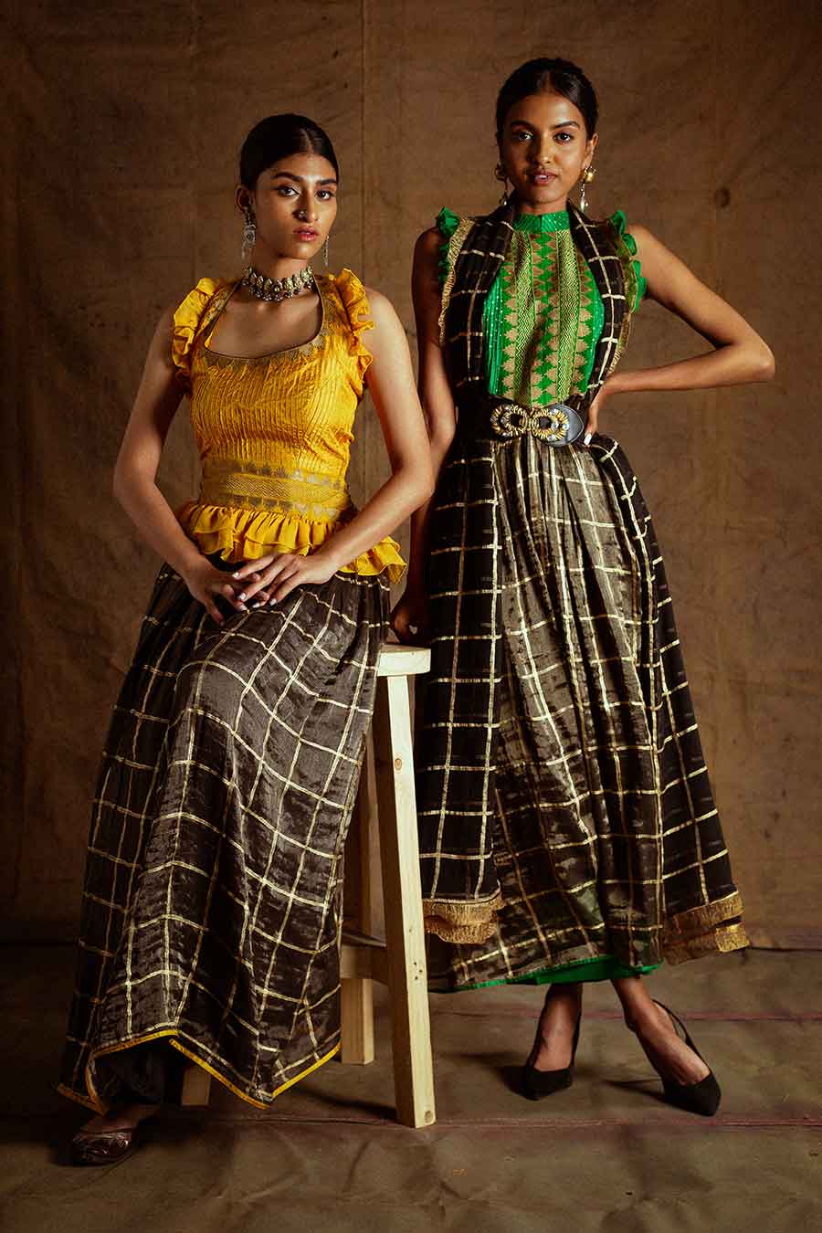 Green Black Kadi Print Lehanga Set