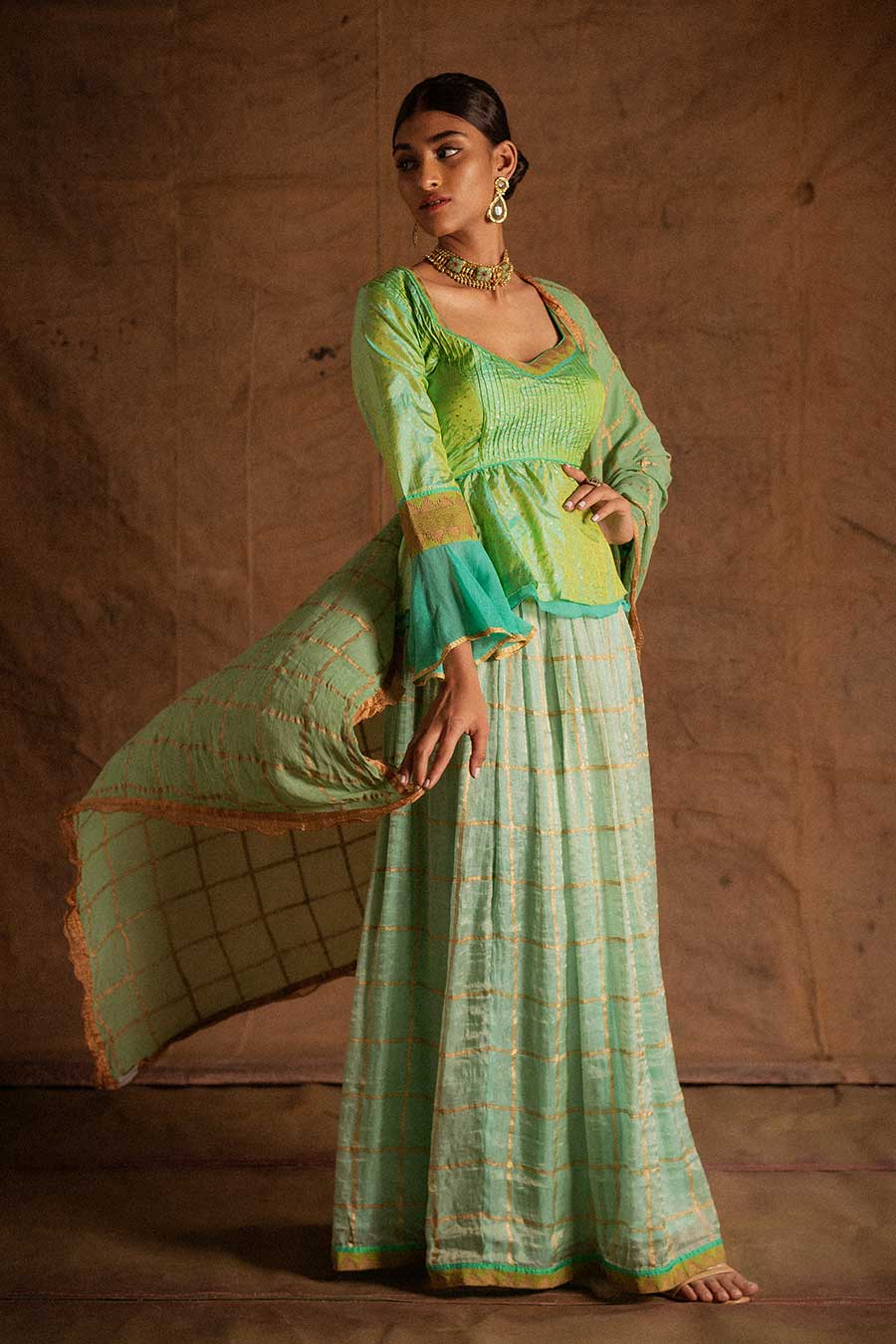 Green Kadi Print Lehenga Set