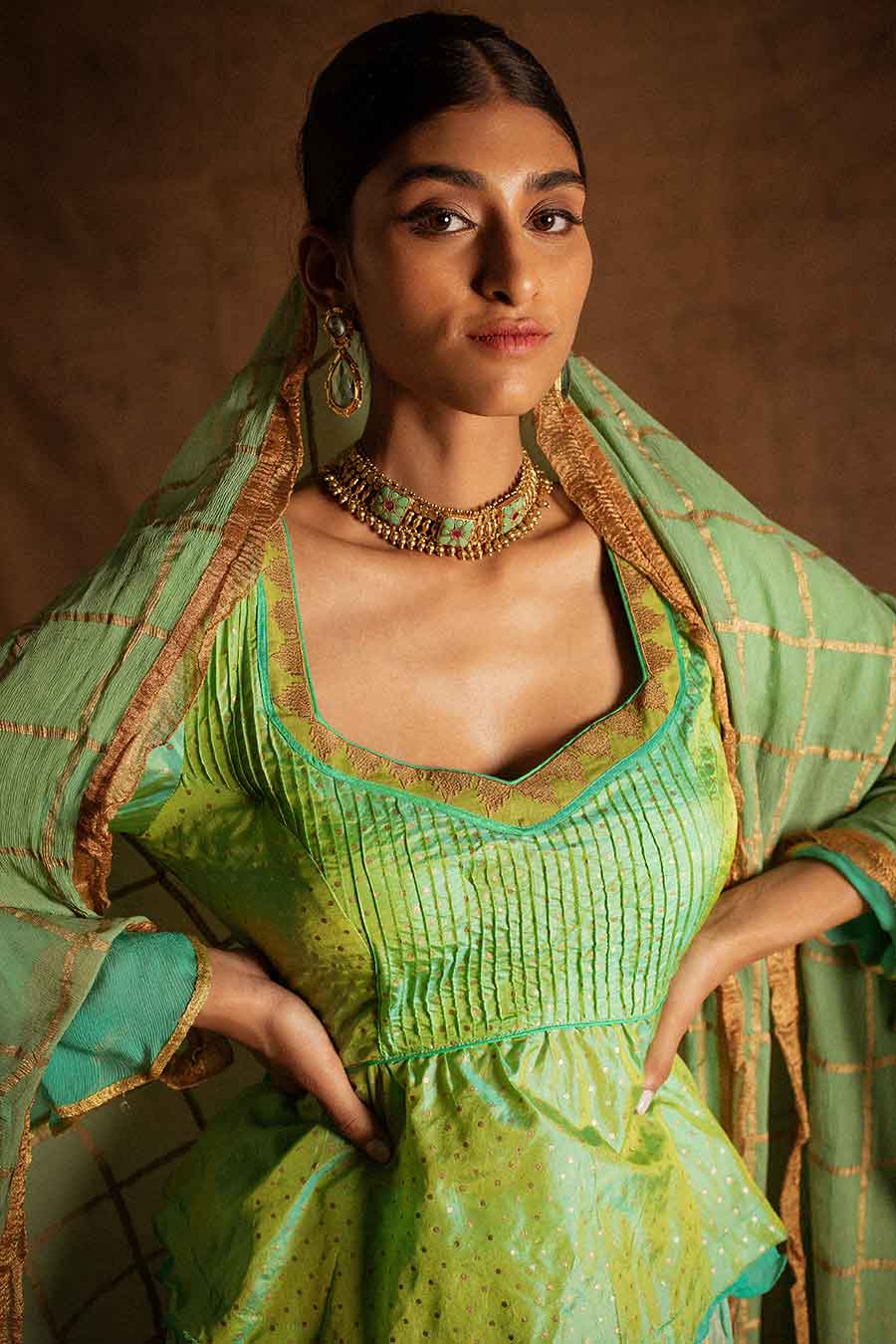 Green Kadi Print Lehenga Set