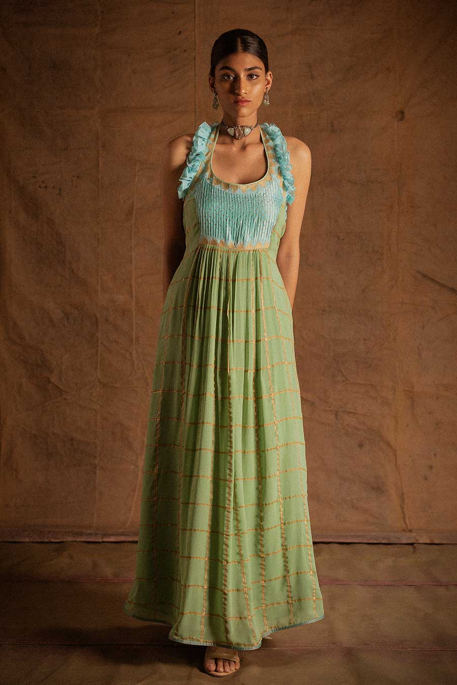 Sea Blue Kadi Print Ruffled Dress