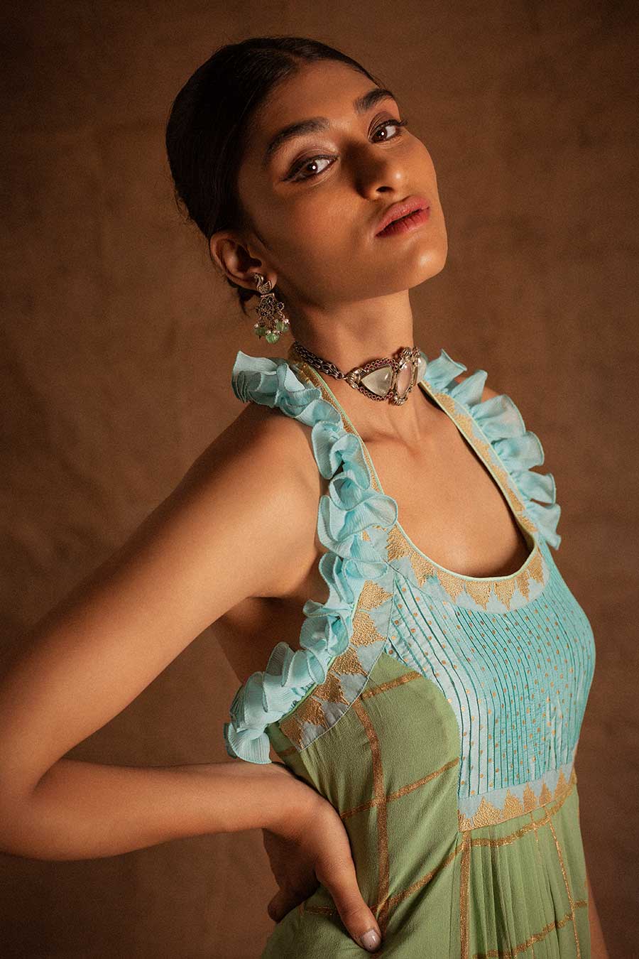 Sea Blue Kadi Print Ruffled Dress