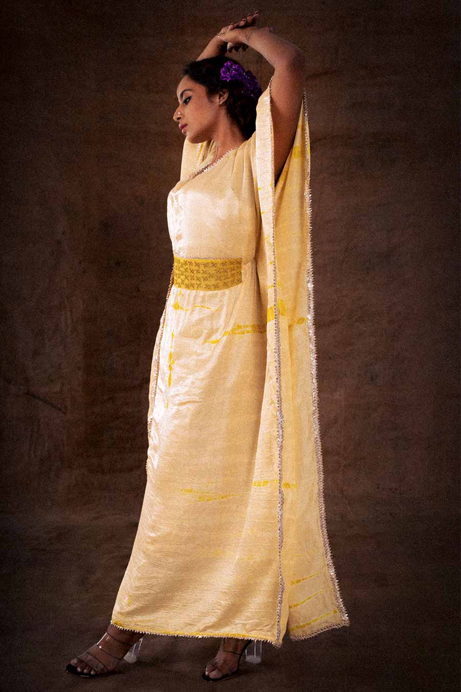 Peach Silk Embellished Long Kaftan