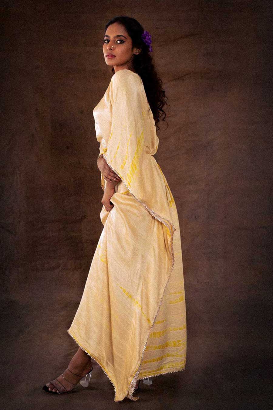 Peach Silk Embellished Long Kaftan