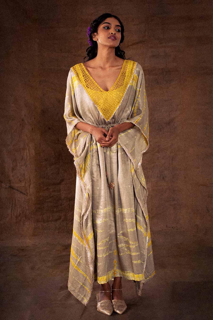 Grey Silk Embellished Long Kaftan