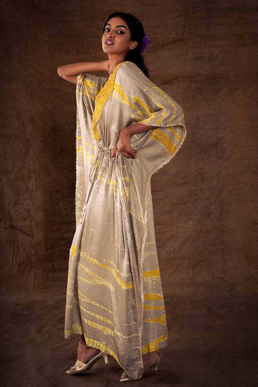 Grey Silk Embellished Long Kaftan