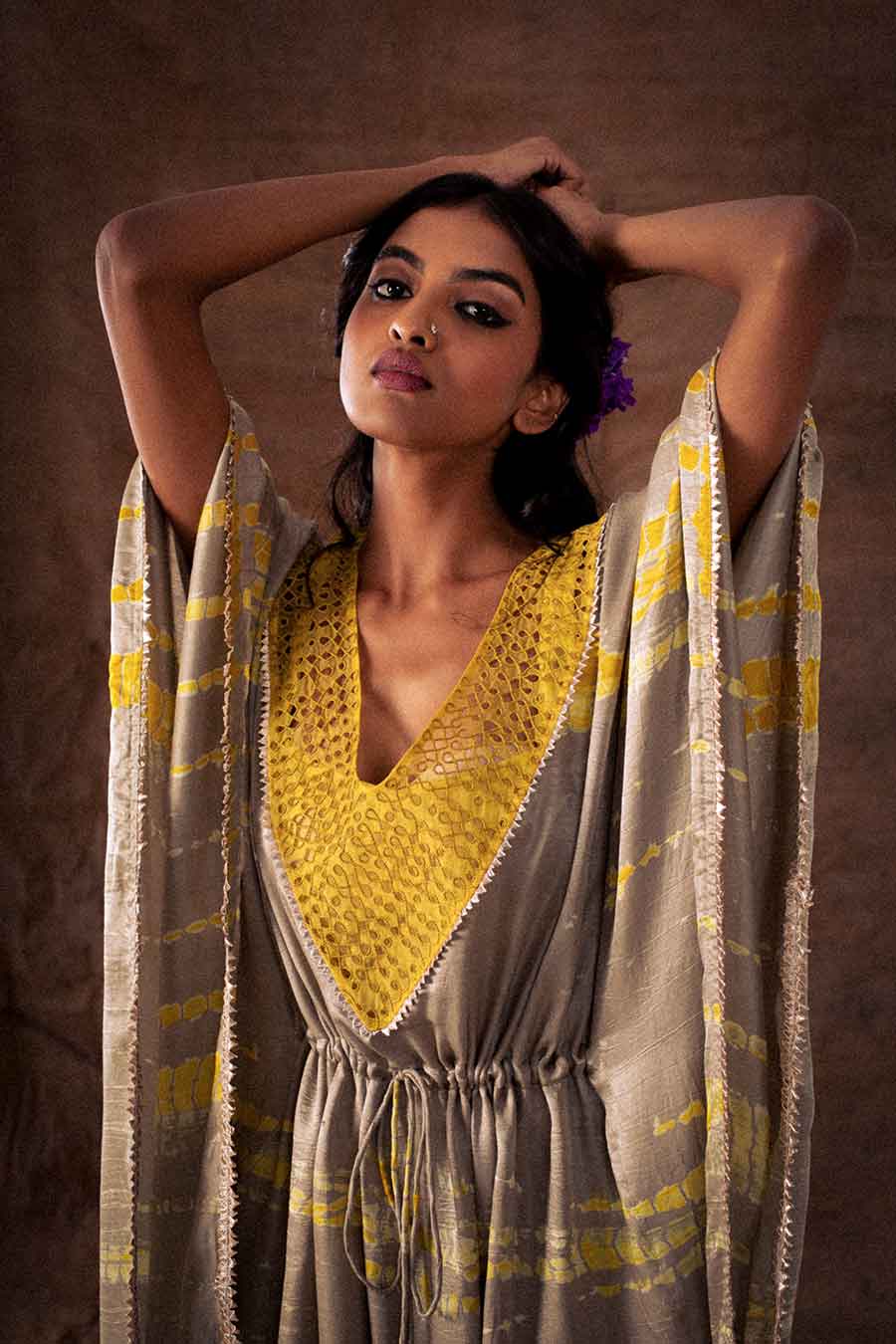 Grey Silk Embellished Long Kaftan