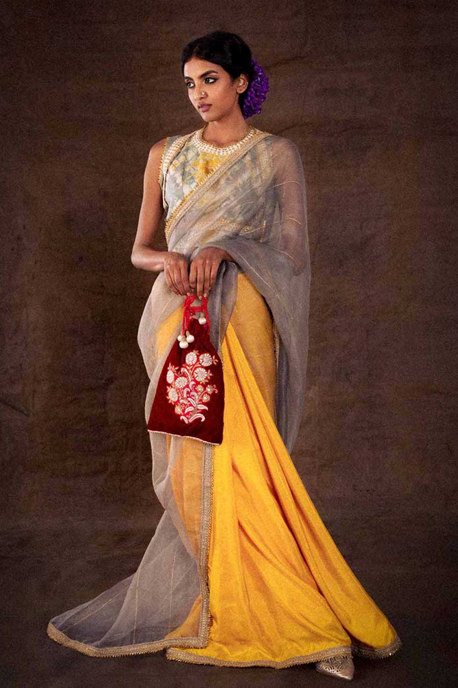 Grey & Yellow Organza Saree & Blouse Set