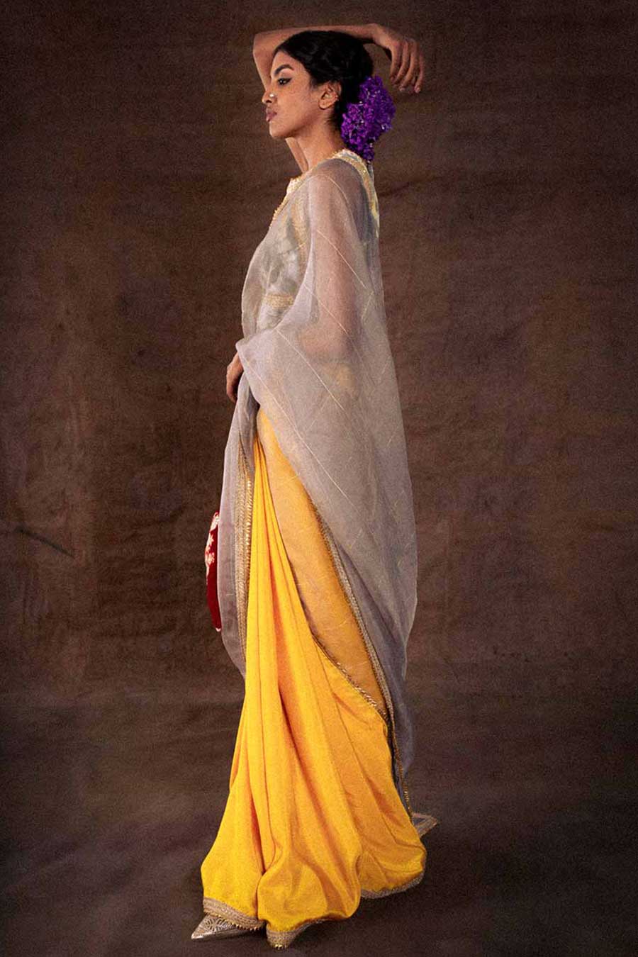 Grey & Yellow Organza Saree & Blouse Set