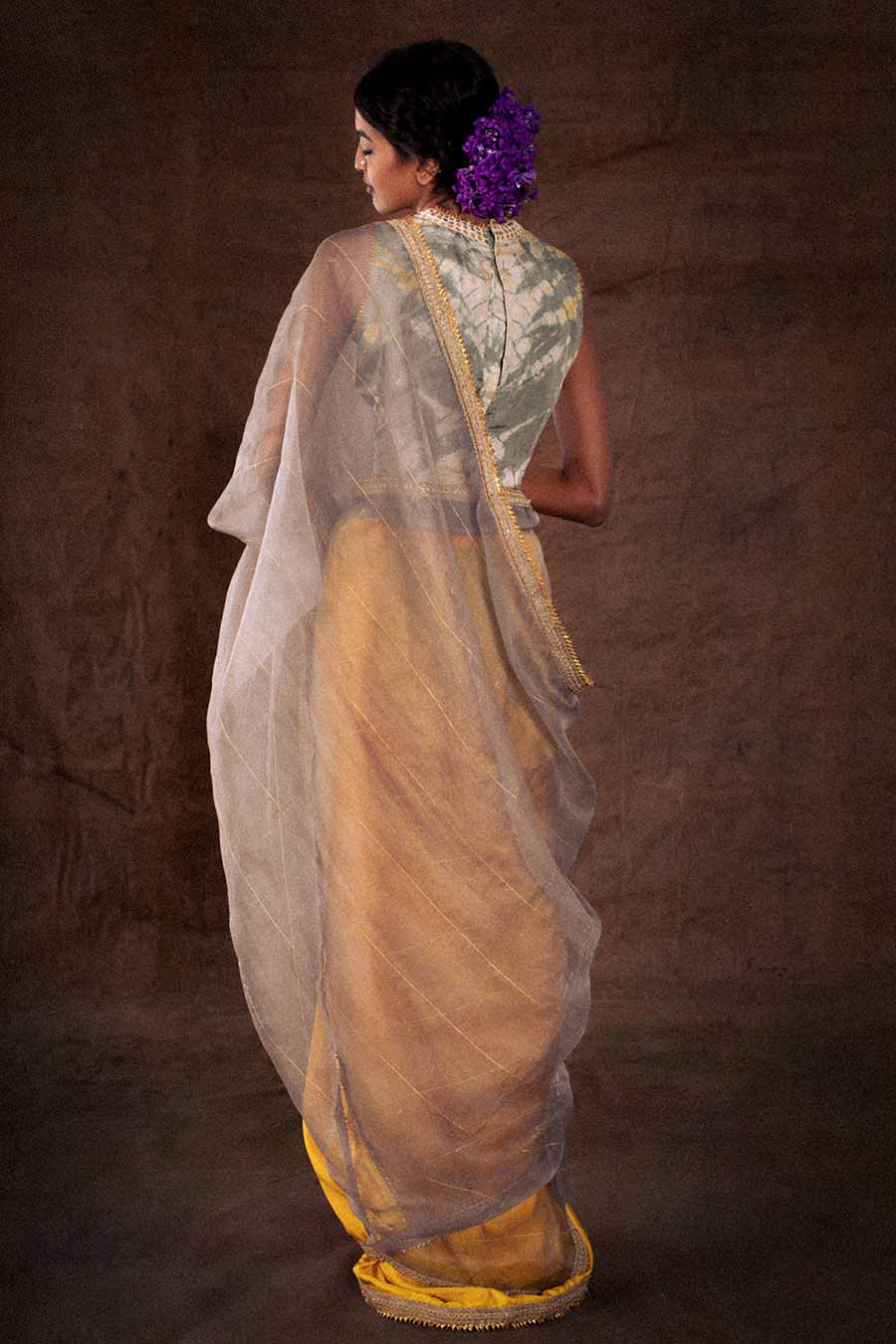 Grey & Yellow Organza Saree & Blouse Set