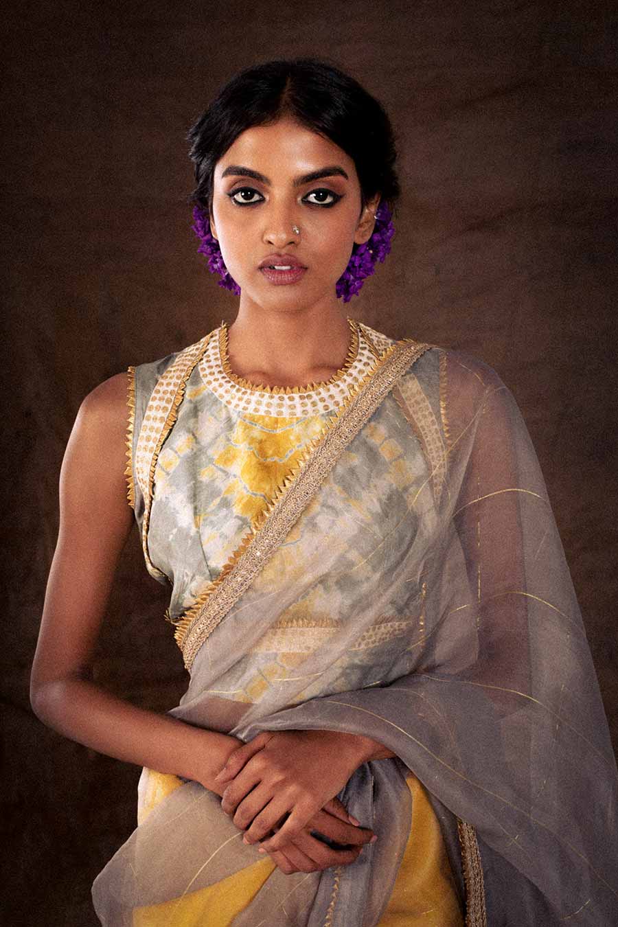 Grey & Yellow Organza Saree & Blouse Set