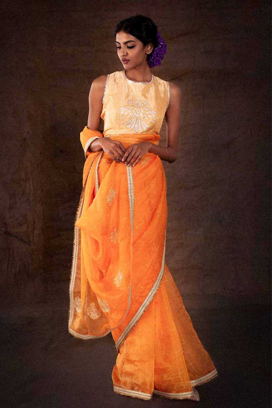 Orange Organza Saree & Blouse Set