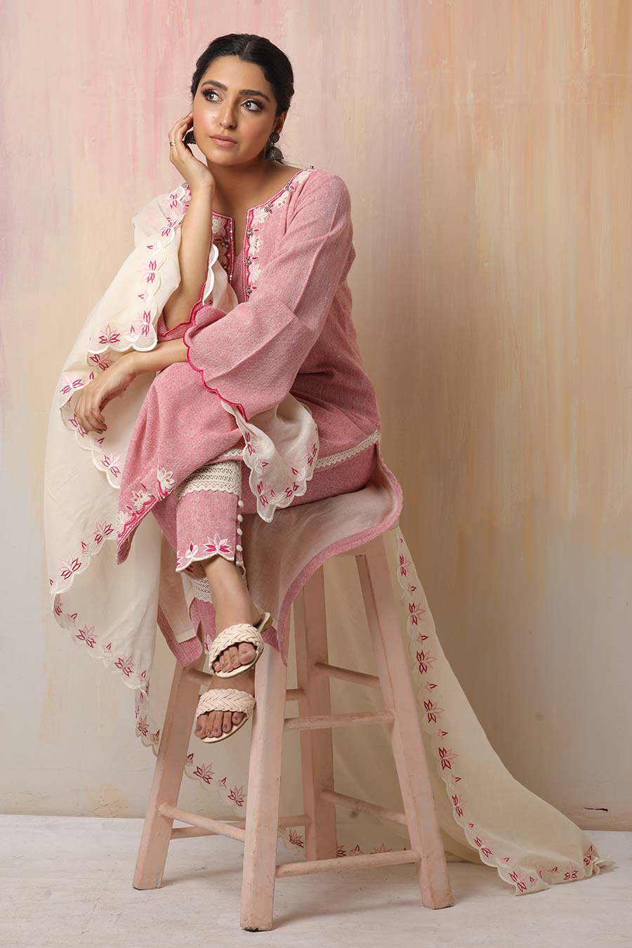 Pink & Off-White Embroidered Lotus Kurta Set