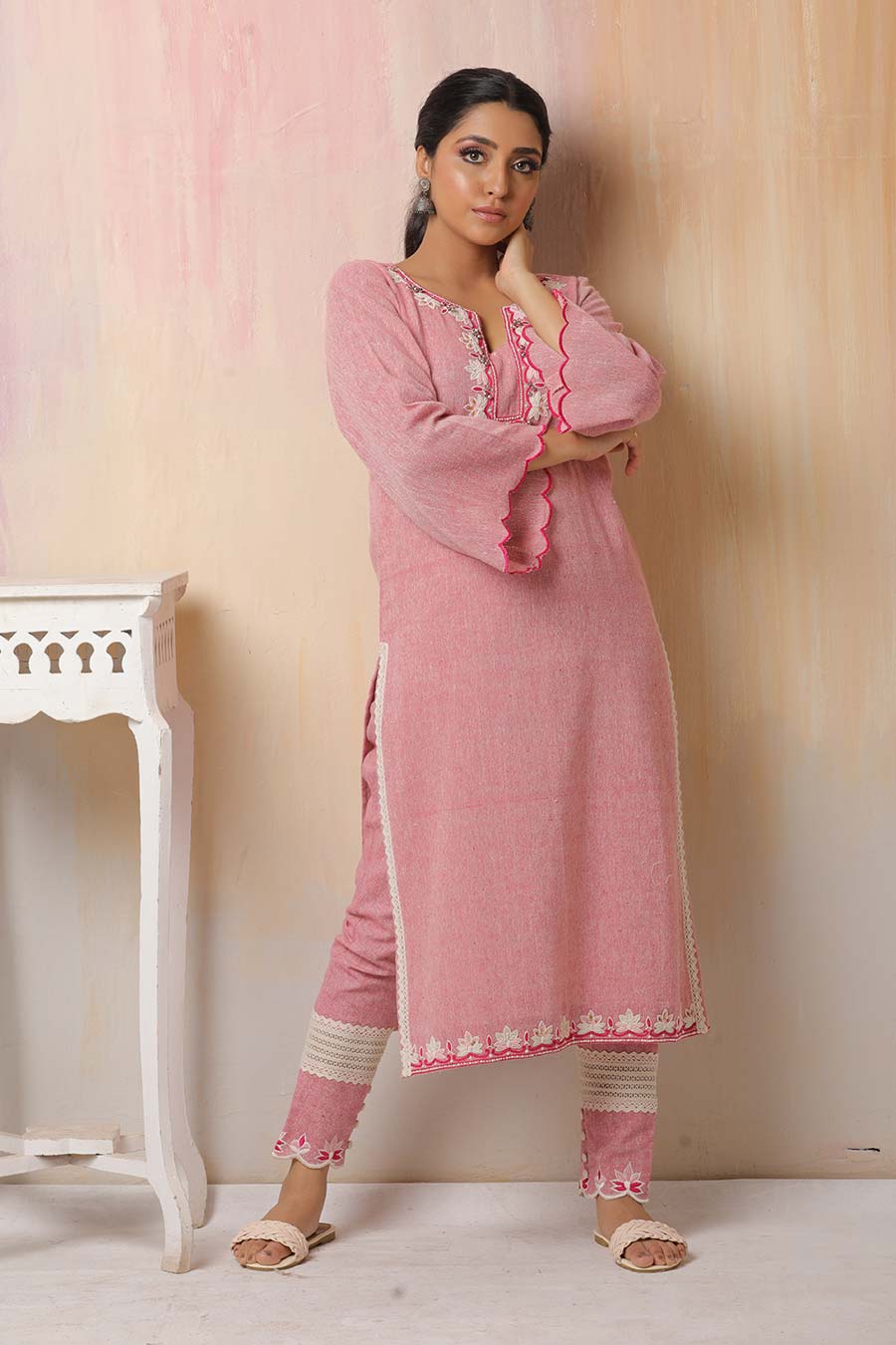 Pink & Off-White Embroidered Lotus Kurta Set