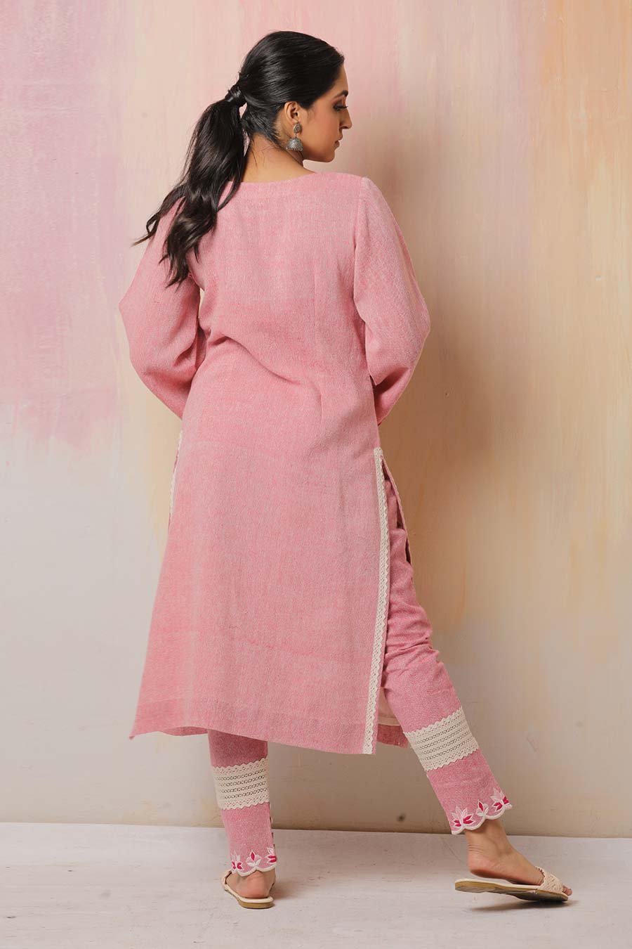 Pink & Off-White Embroidered Lotus Kurta Set