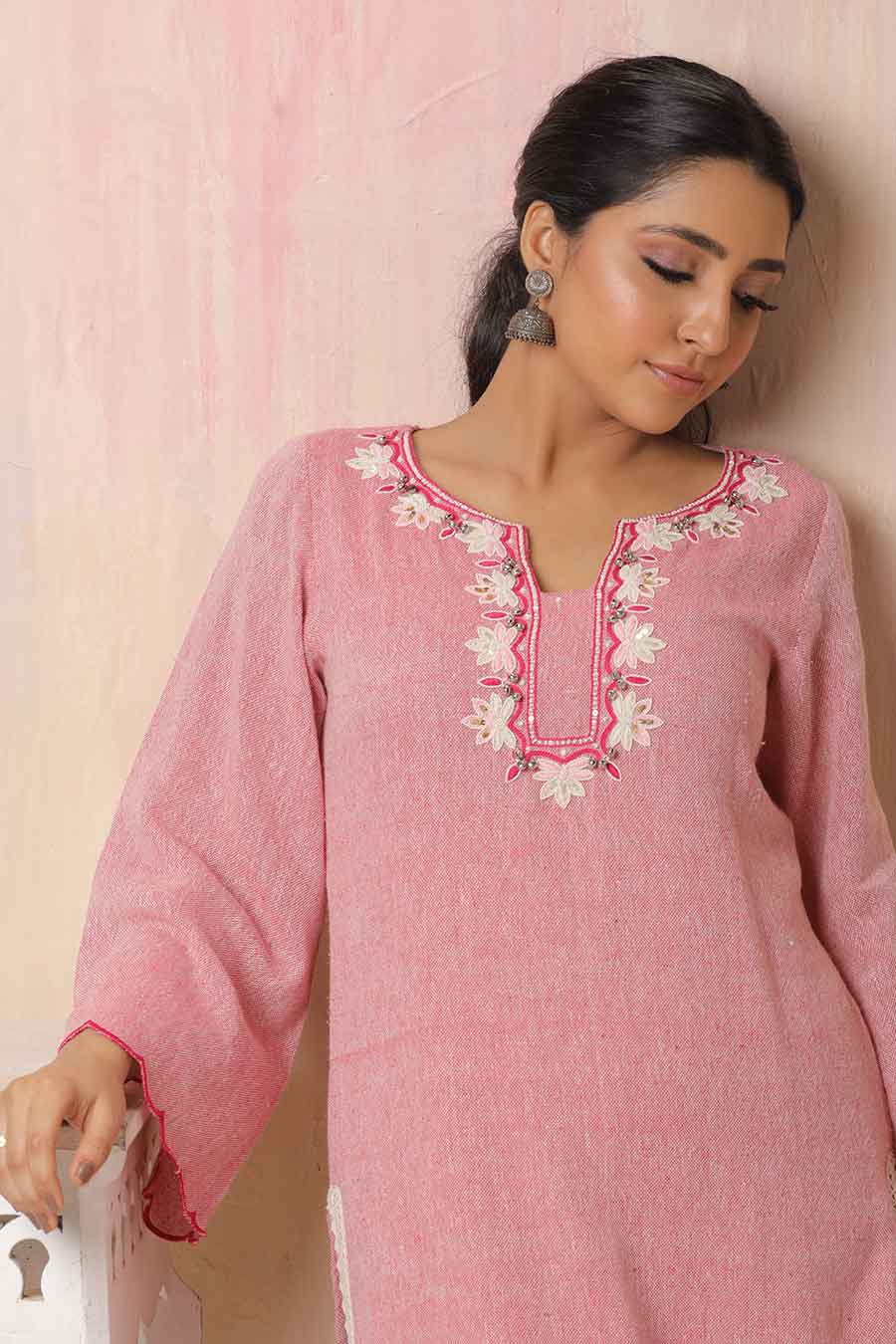 Pink & Off-White Embroidered Lotus Kurta Set