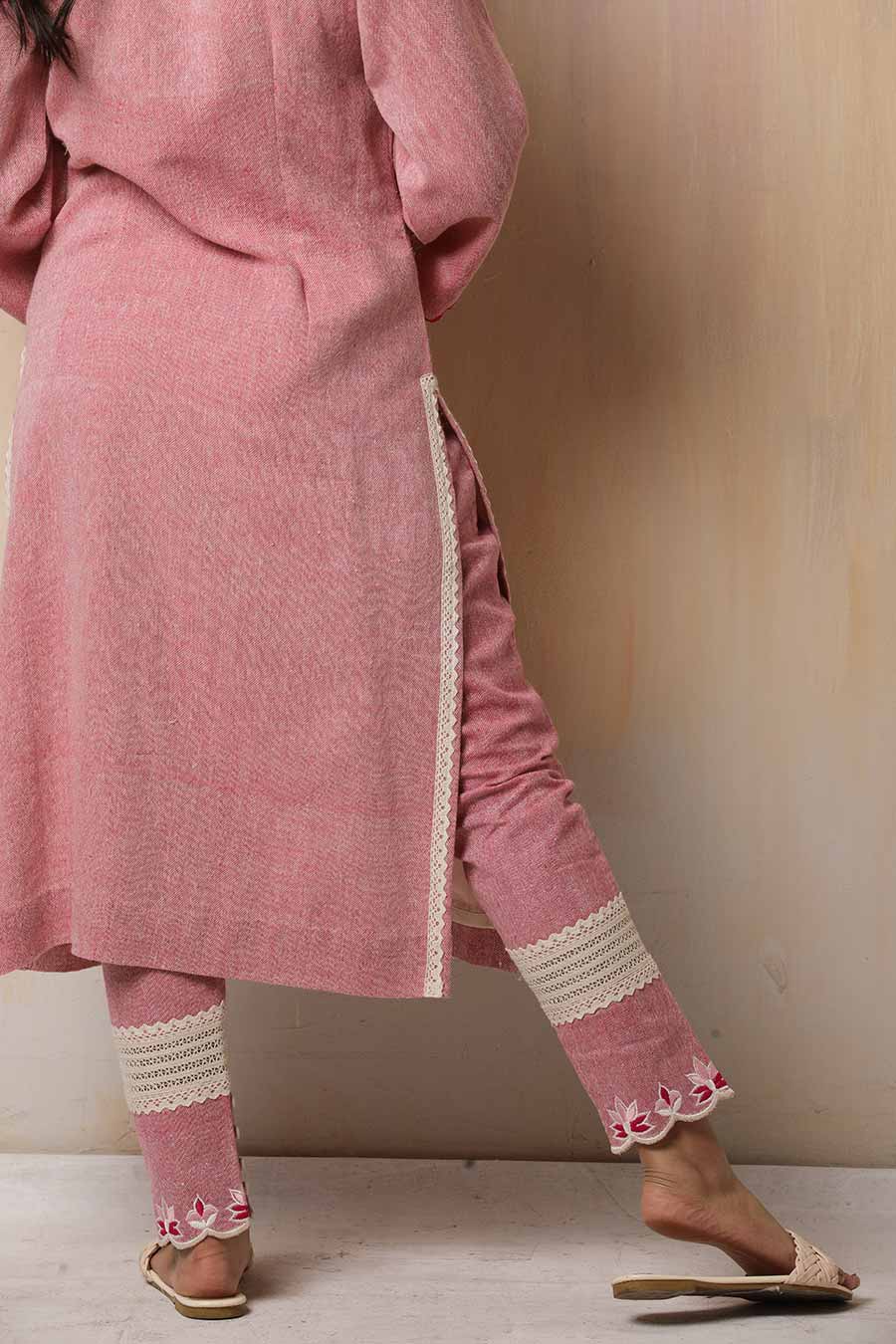 Pink & Off-White Embroidered Lotus Kurta Set