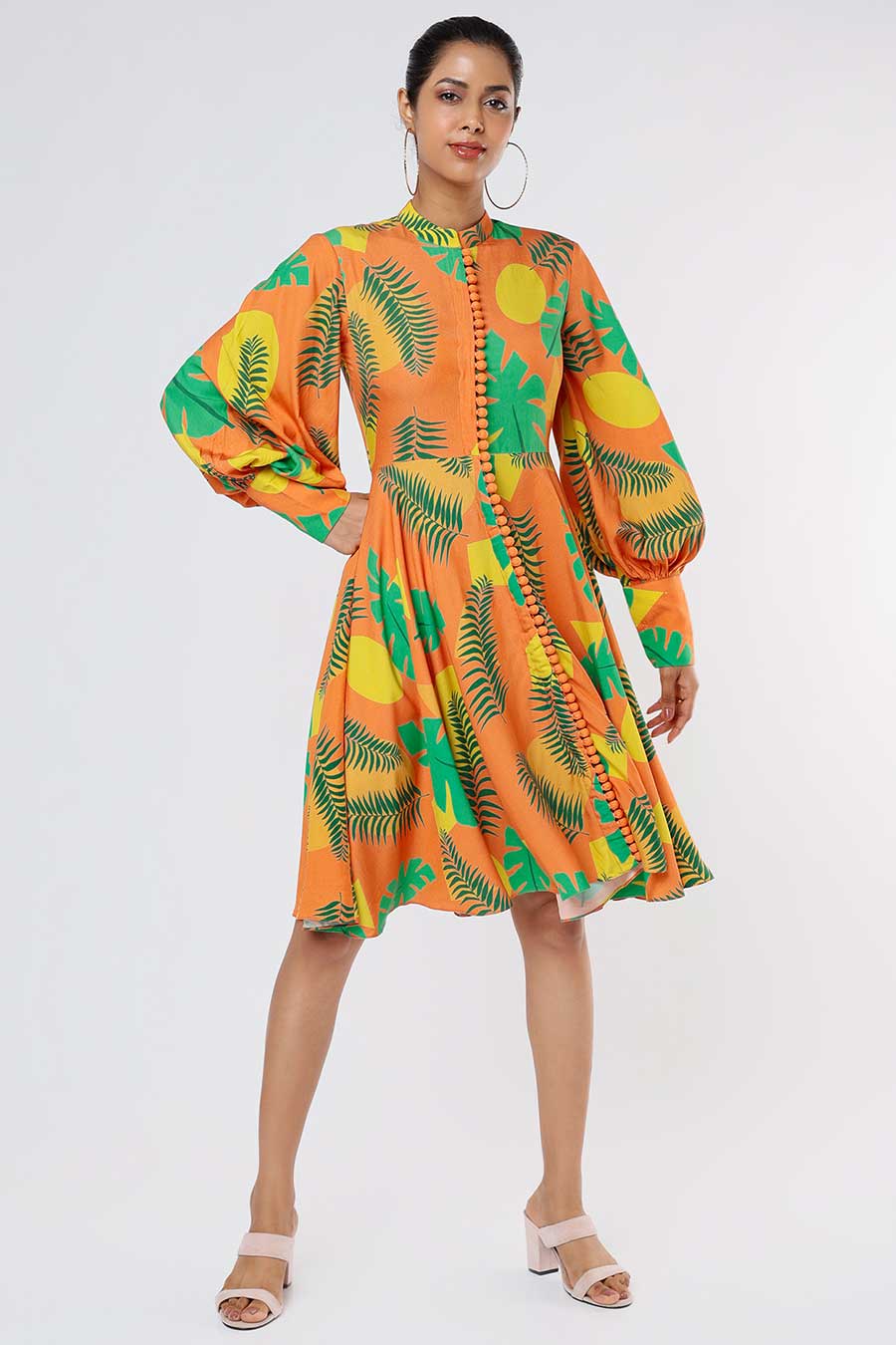 Orange Tropical Print Flounce Dress