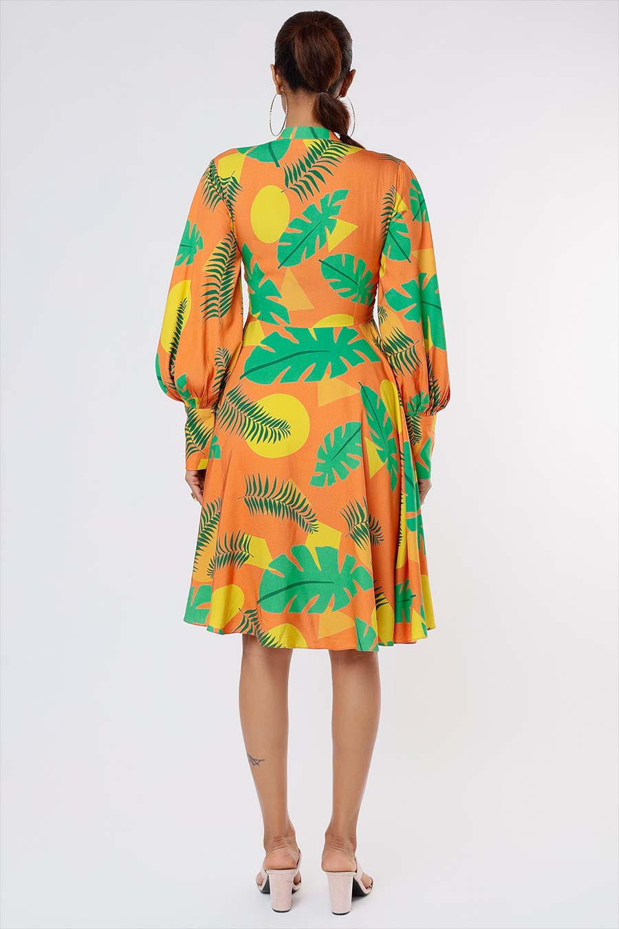 Orange Tropical Print Flounce Dress