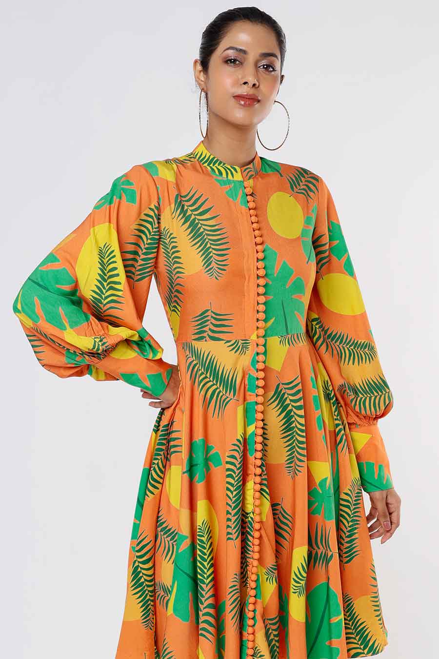 Orange Tropical Print Flounce Dress