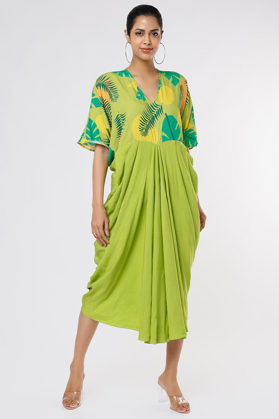 Green Tropical Print Cowl Drape Dress