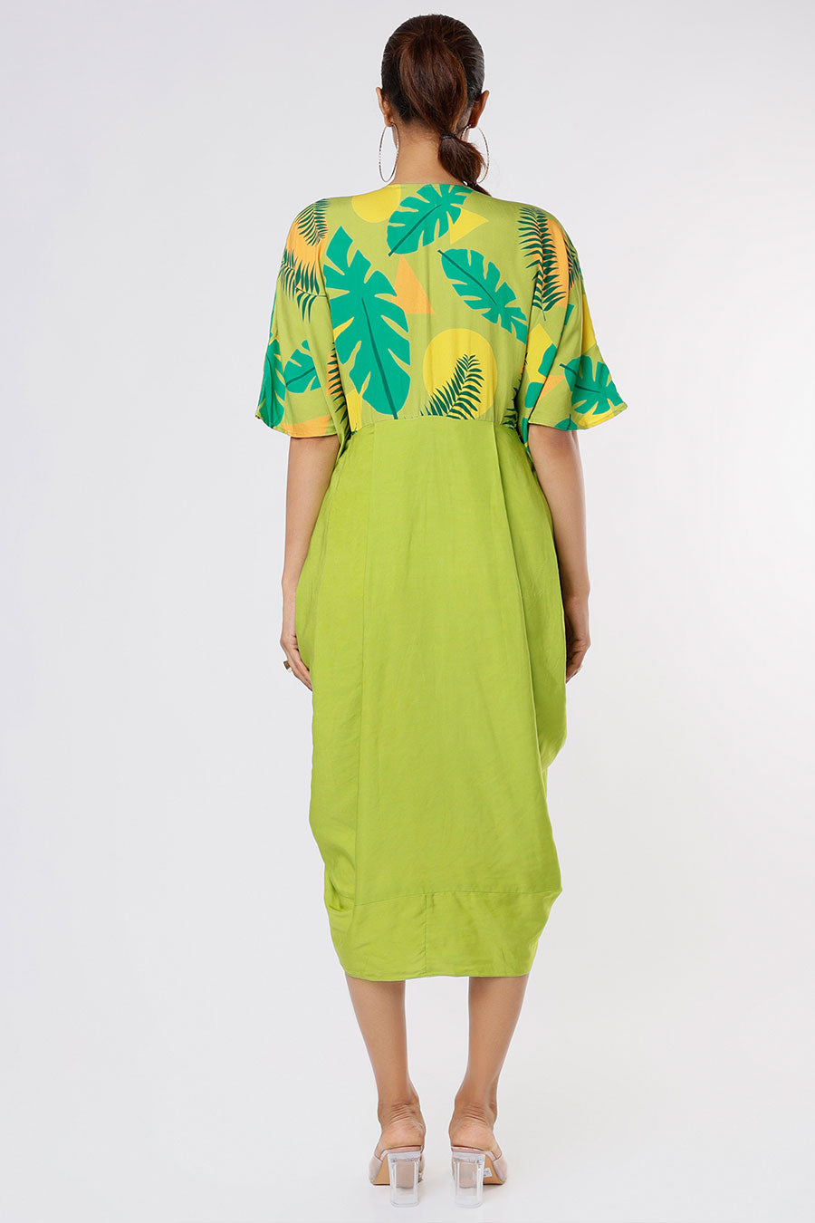 Green Tropical Print Cowl Drape Dress