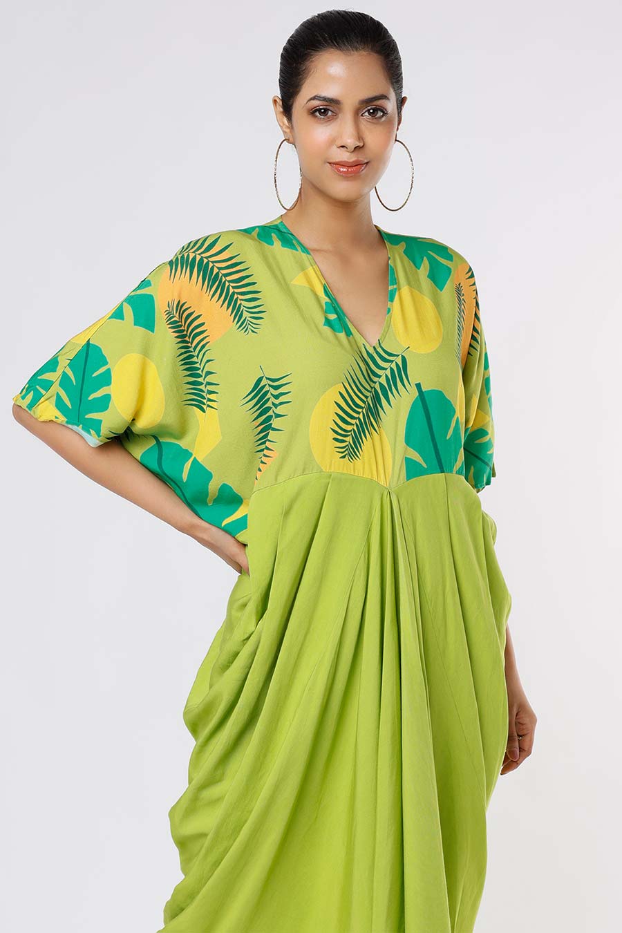 Green Tropical Print Cowl Drape Dress