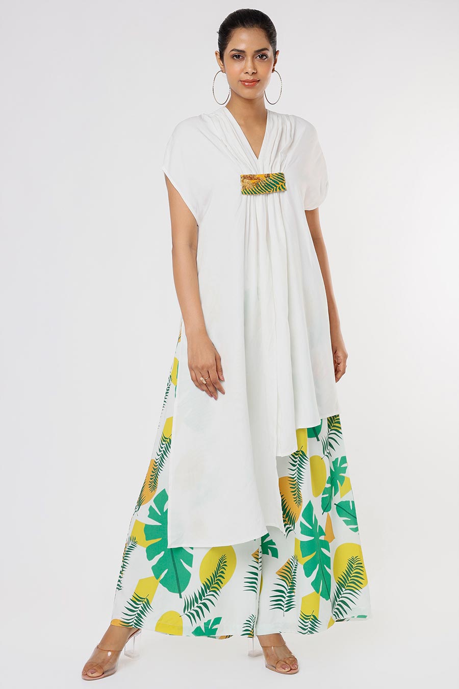 White Kaftan & Tropical Print Palazzo Set