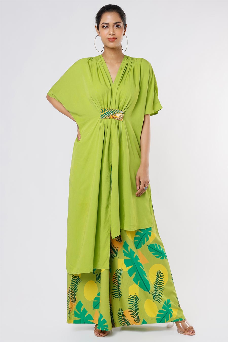 Green Kaftan & Tropical Print Palazzo Set
