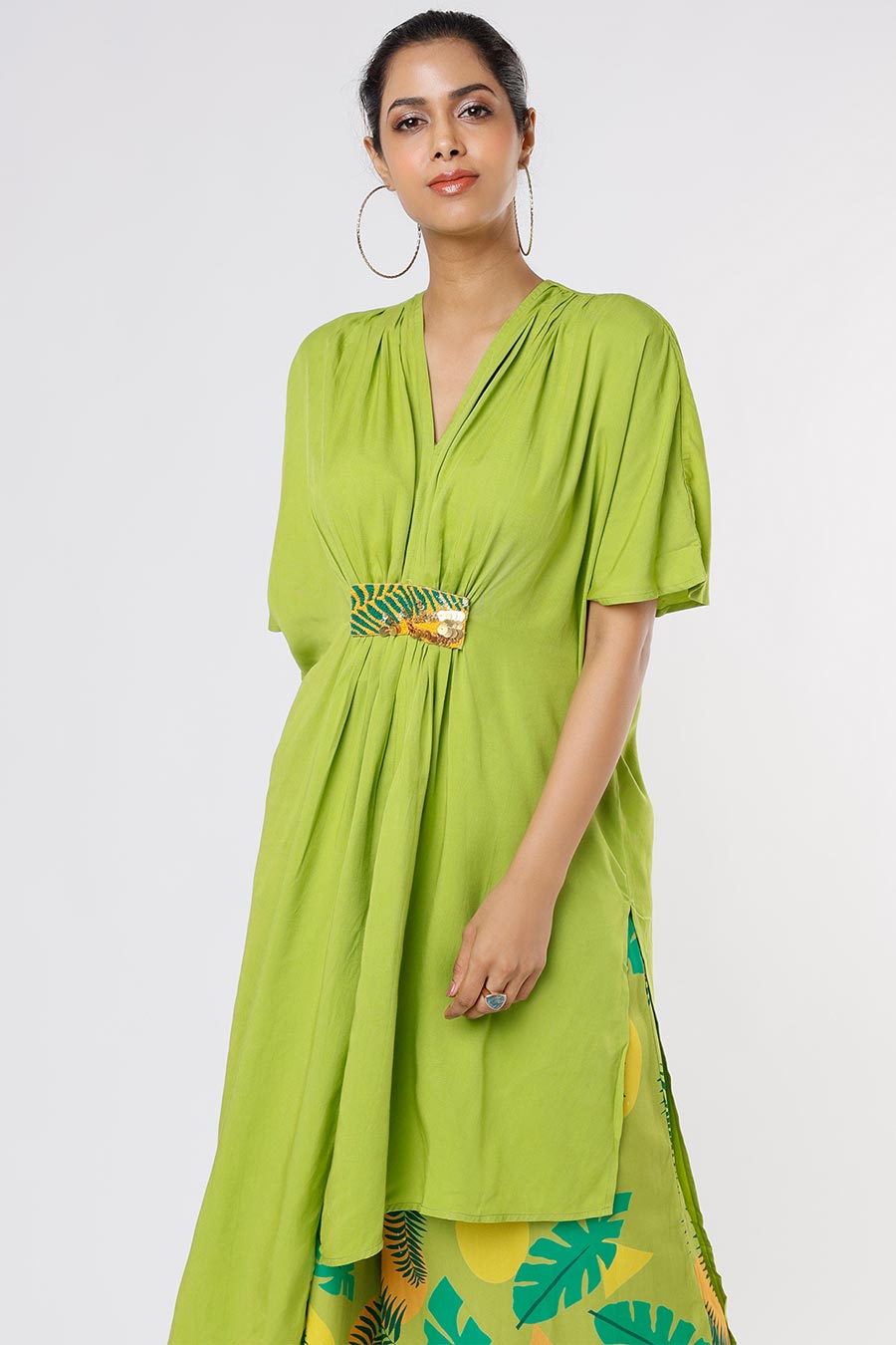 Green Kaftan & Tropical Print Palazzo Set