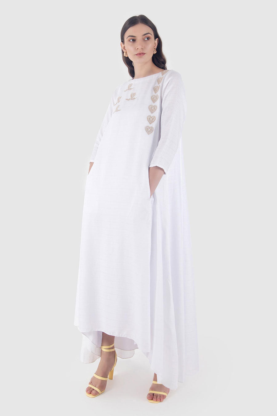 White Three Quarter Sleeves Dress