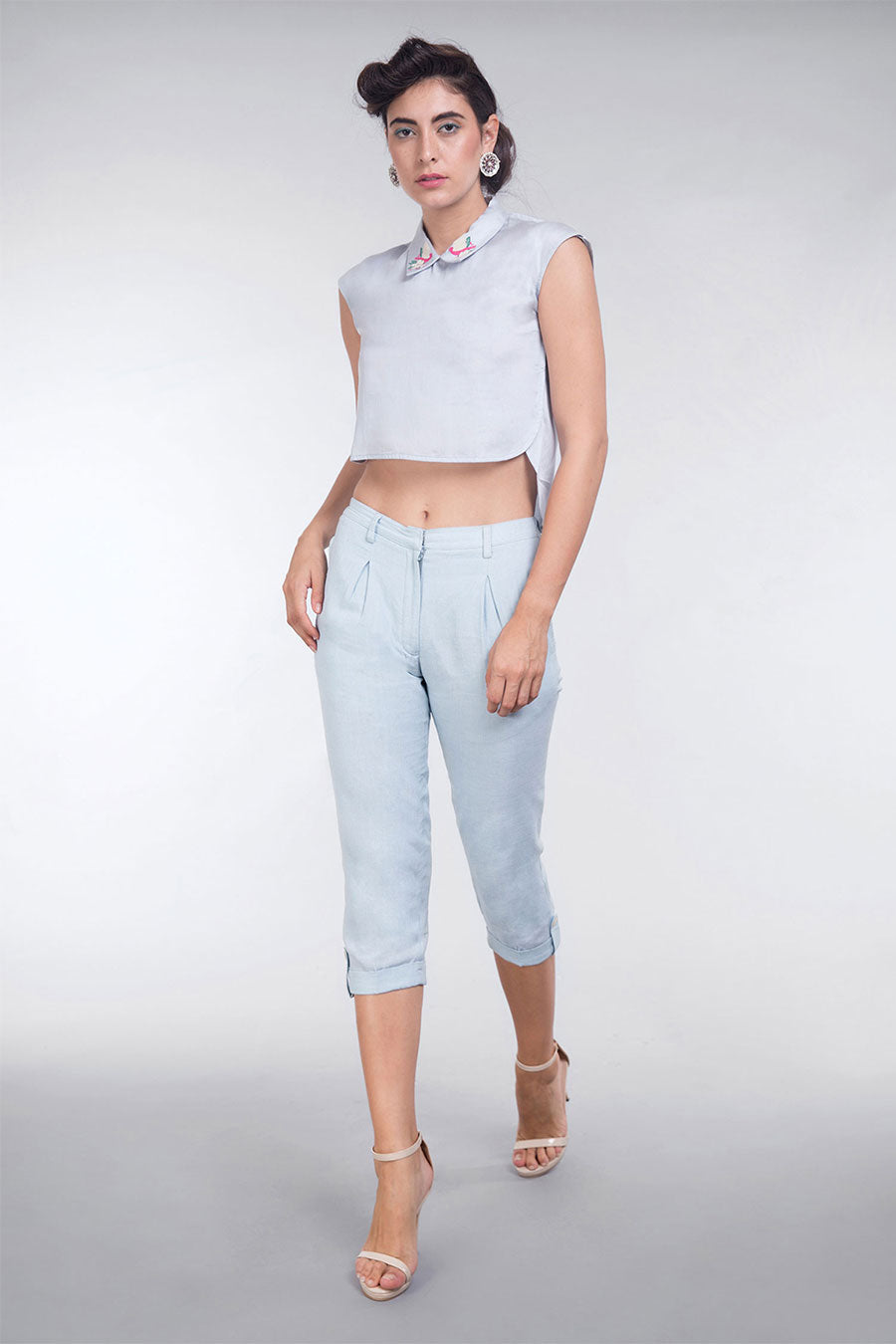 Sky Blue Tencel Collar High-Low Top