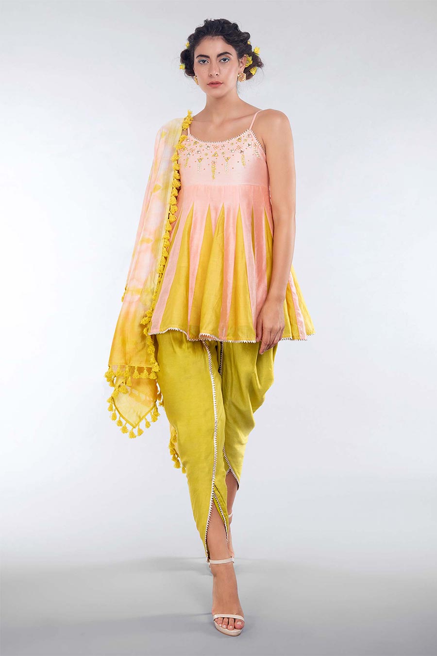 Peach & Green Kali Kurta Dhoti & Dupatta Set