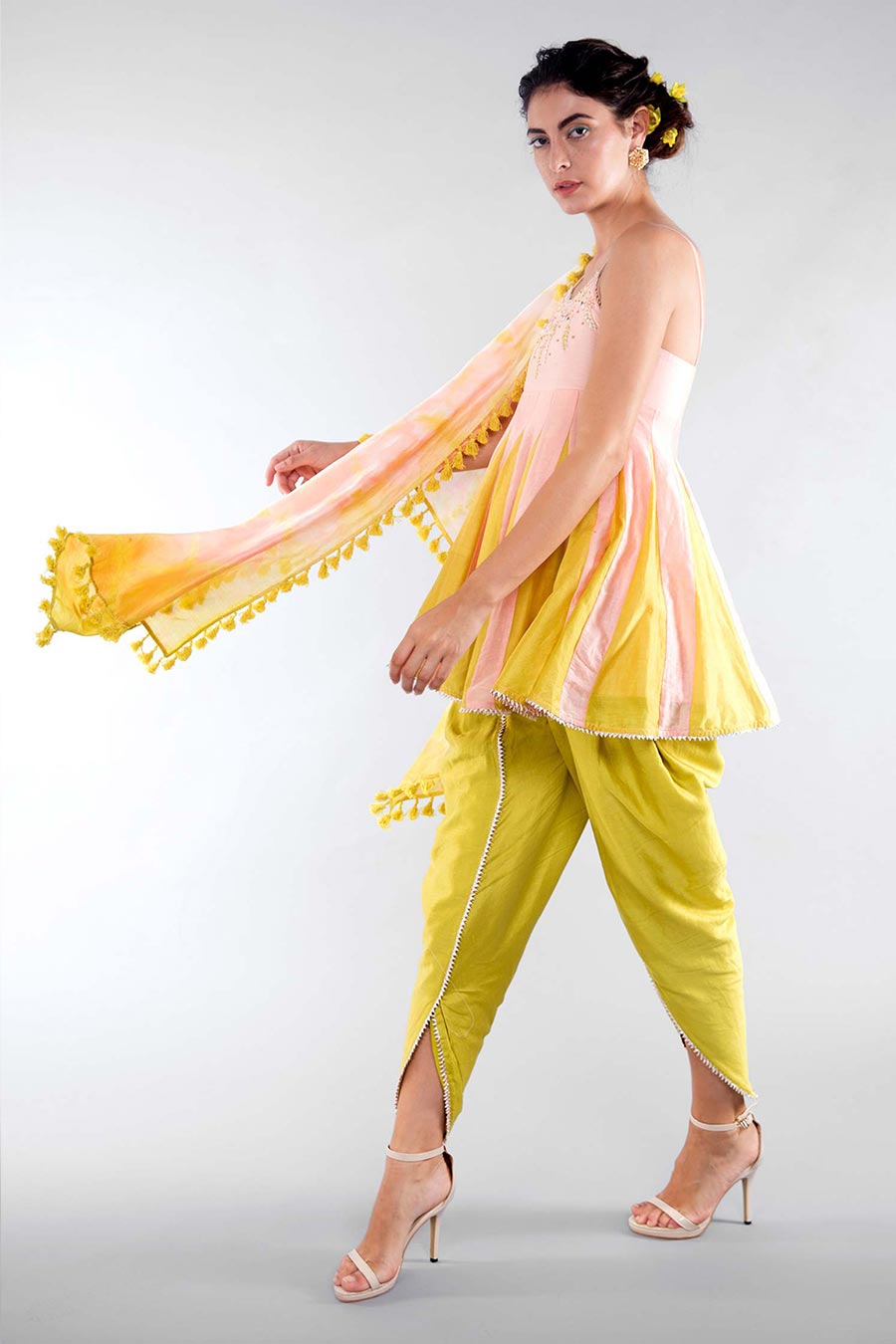 Peach & Green Kali Kurta Dhoti & Dupatta Set