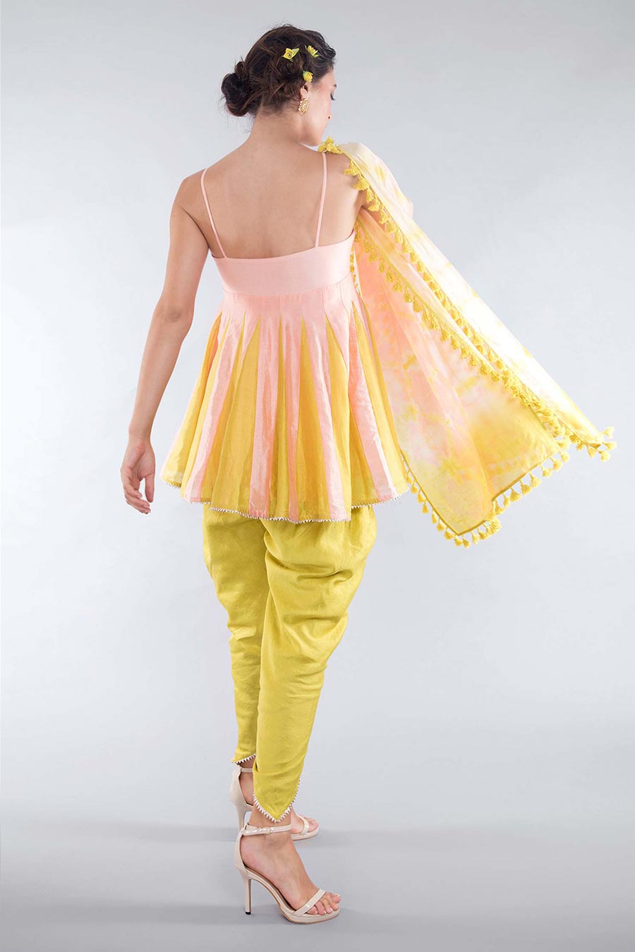 Peach & Green Kali Kurta Dhoti & Dupatta Set