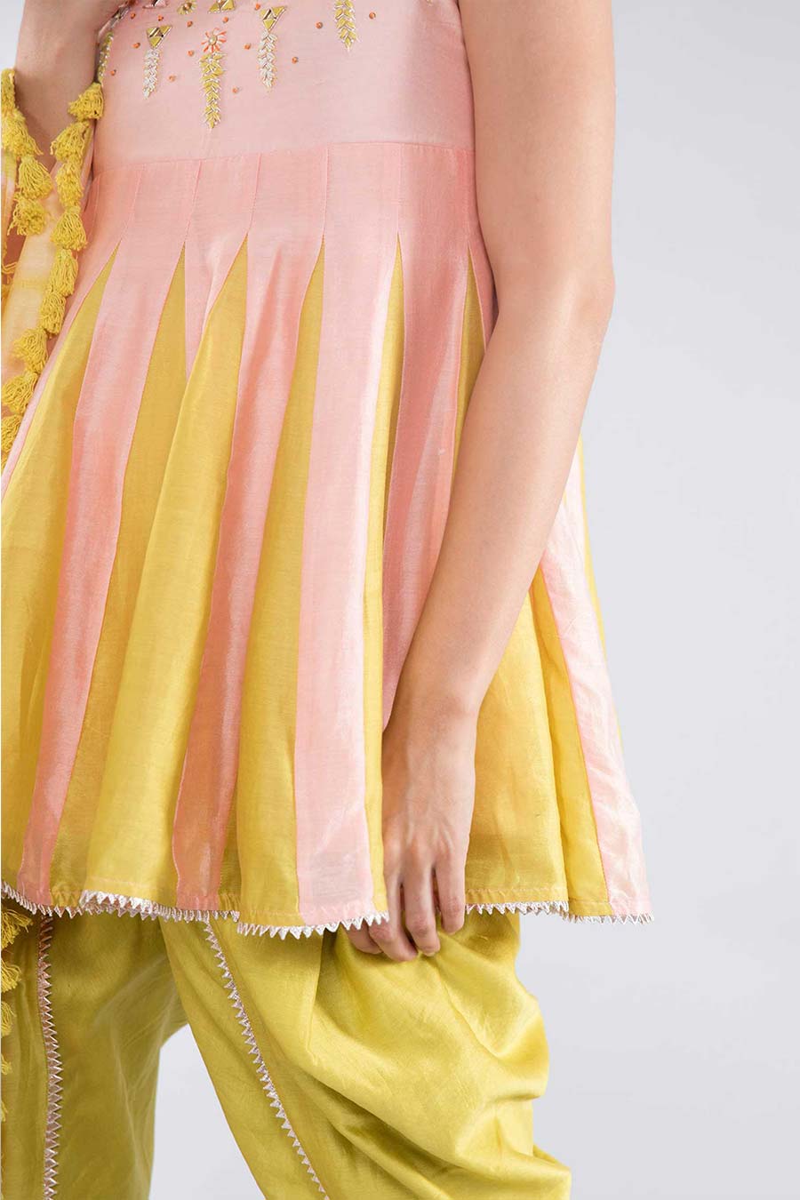 Peach & Green Kali Kurta Dhoti & Dupatta Set