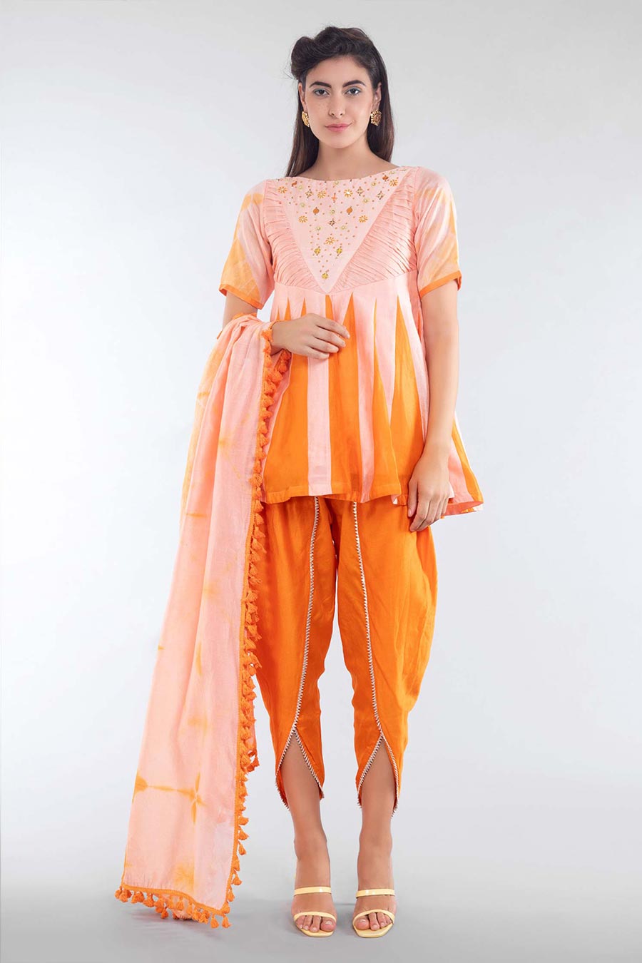 Peach & Orange Kali Kurta Dhoti & Dupatta Set