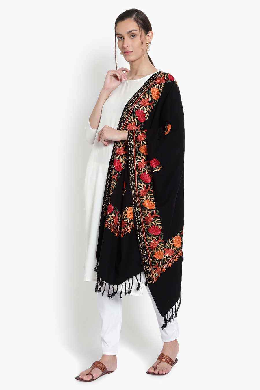 Black Wool Blend Embroidered Stole