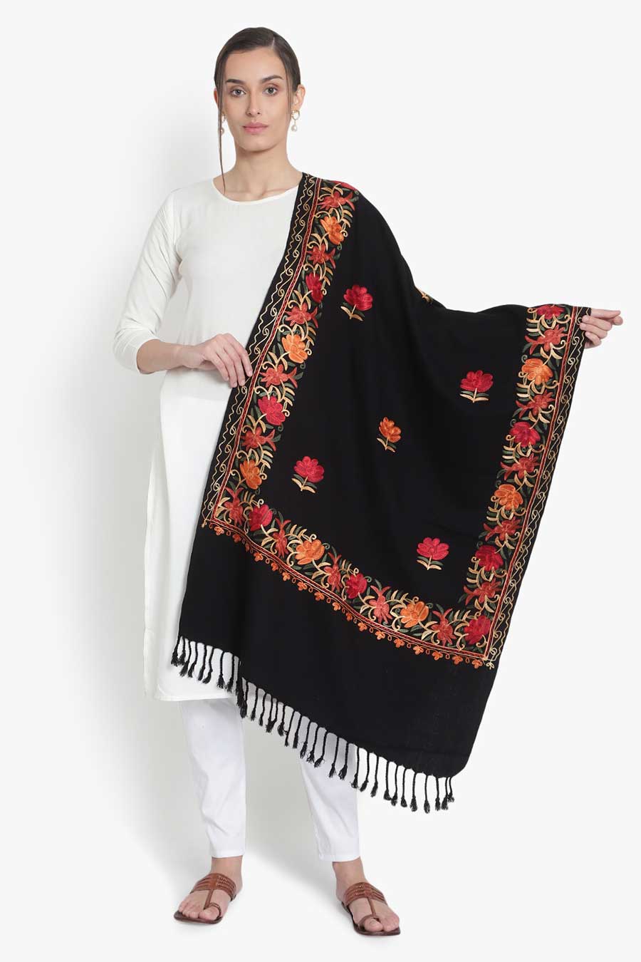 Black Wool Blend Embroidered Stole
