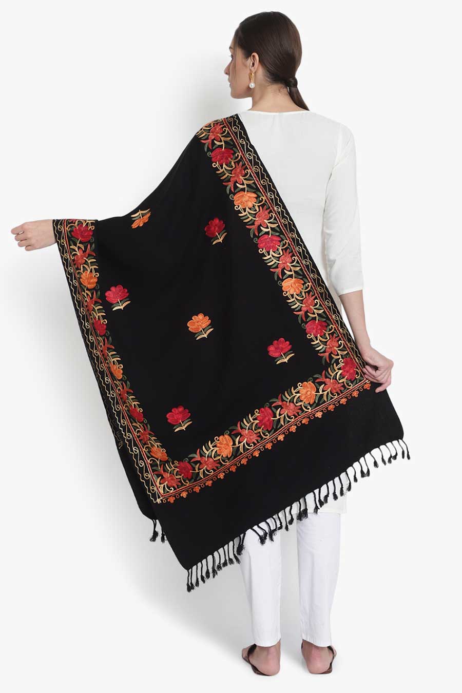 Black Wool Blend Embroidered Stole
