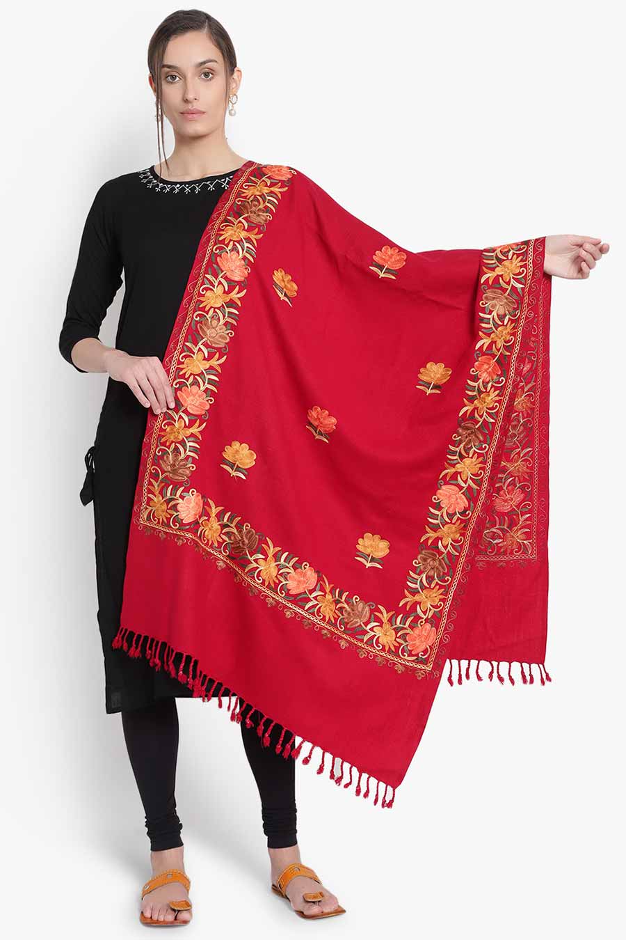 Red Wool Blend Embroidered Stole